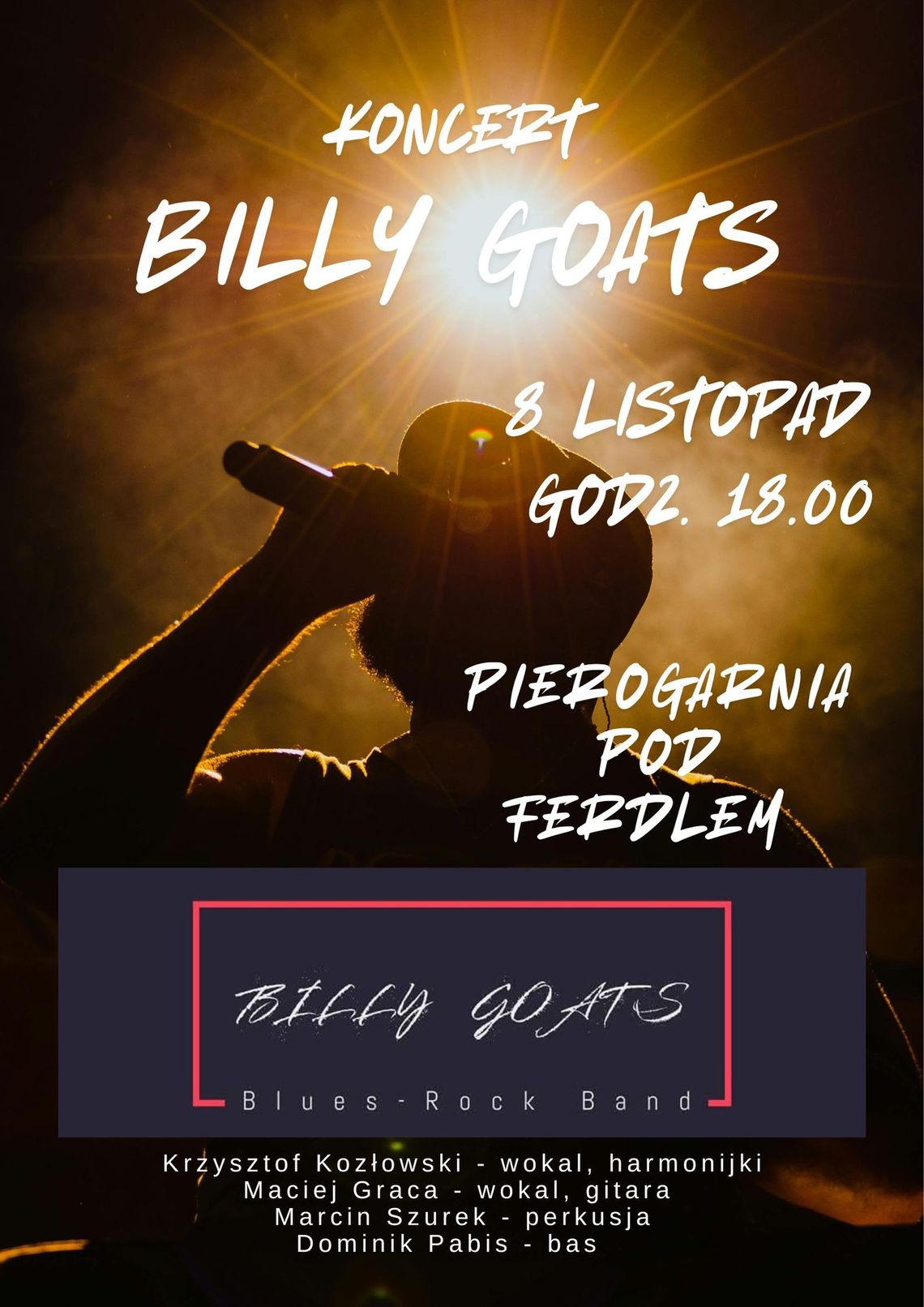 Zdjęcie przedstawia plakat promujący wydarzenie Koncert Billy Goats w Wapiennem