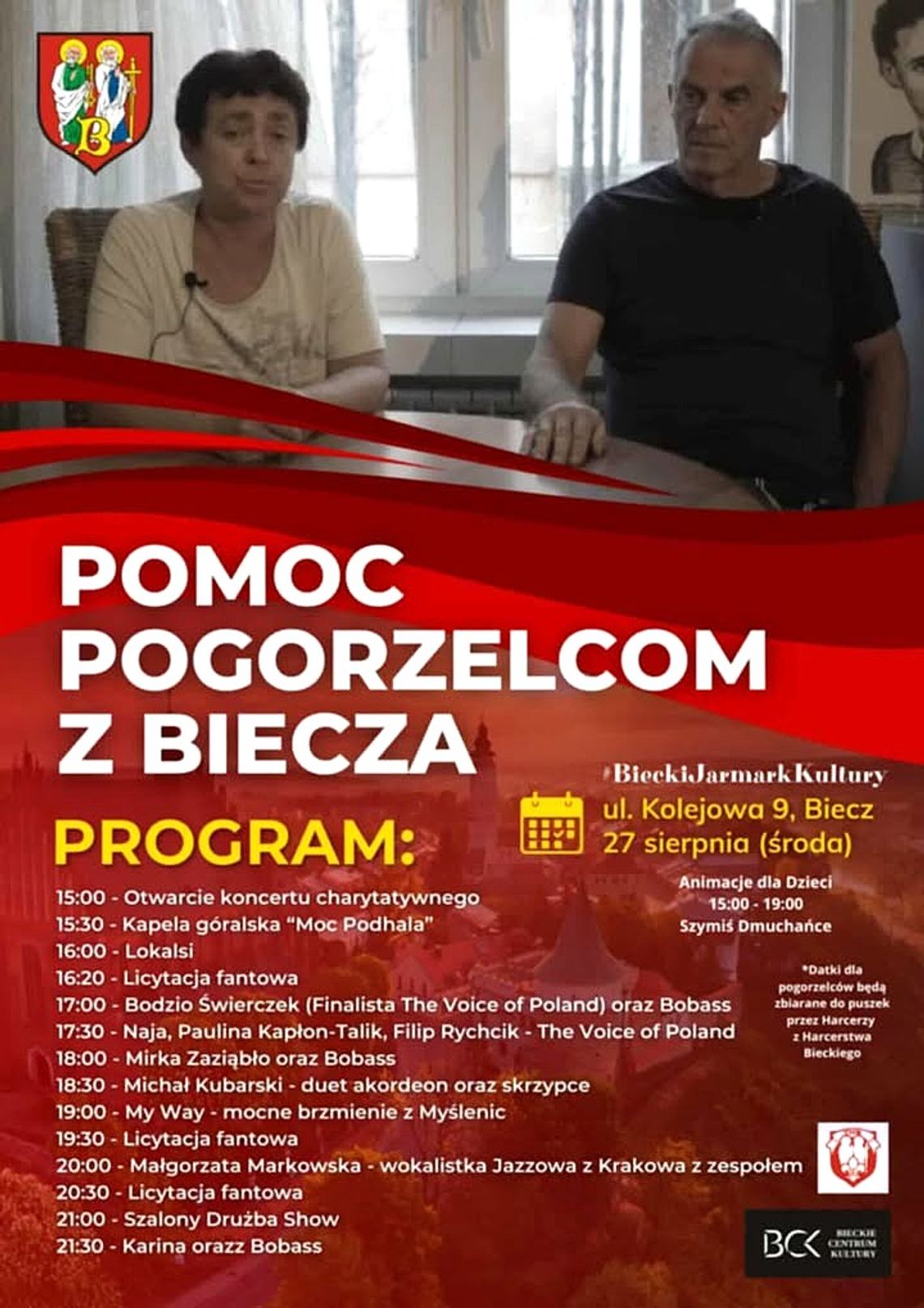 Zdjęcie przedstawia plakat promujący wydarzenie Koncert charytatywny na rzecz pogorzelców z Biecza