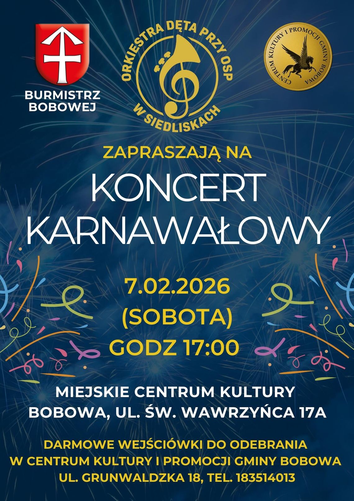plakat zapowiadający wydarzenie  - Koncert Karnawałowy w Bobowe