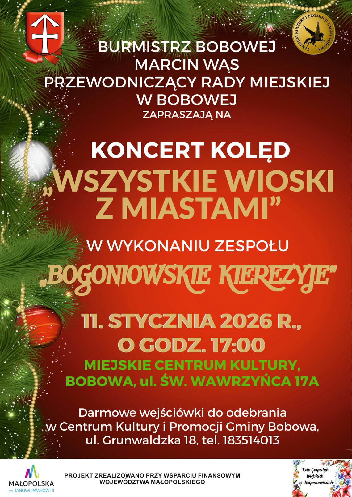 Plakat zapowiadający wydarzenie - koncert kolęd pt. „Wszystkie wioski z miastami”