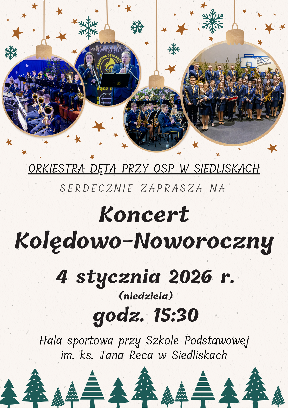 plakat zapowiadający koncert kolędowo-noworoczny orkiestry dętej przy OSP w Siedliskach