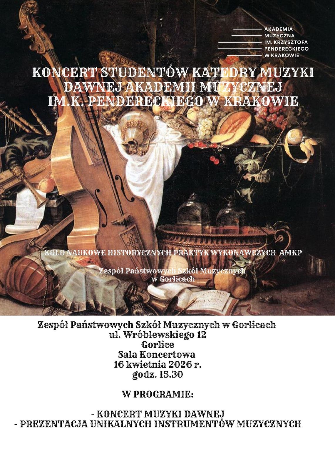 Plakat zapowiadający wydarzenie - Koncert studentów katedry muzyki dawnej akademii muzycznej im.K. Pendereckiego w Krakowie