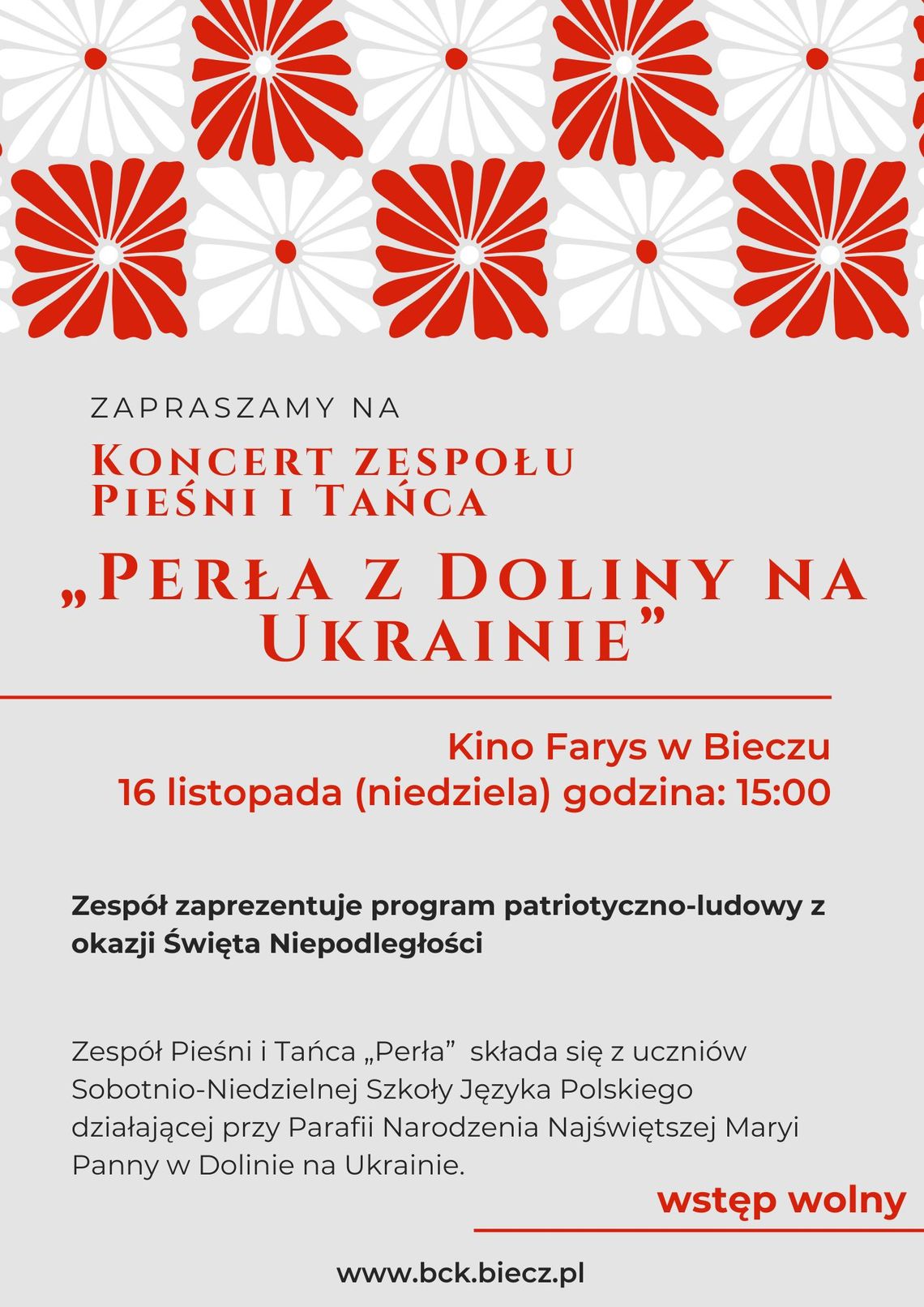 Plakat zapowiadający wydarzenie - Koncert Zespołu Pieśni i Tańca „Perła z Doliny na Ukrainie”