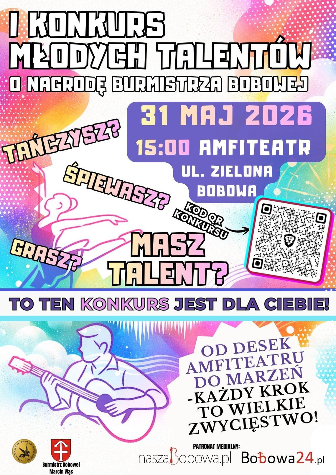 zdjęcie przedstawia plakat promujacy wydarzenie -  Konkurs Młodych Talentów o nagrodę Burmistrza Bobowej