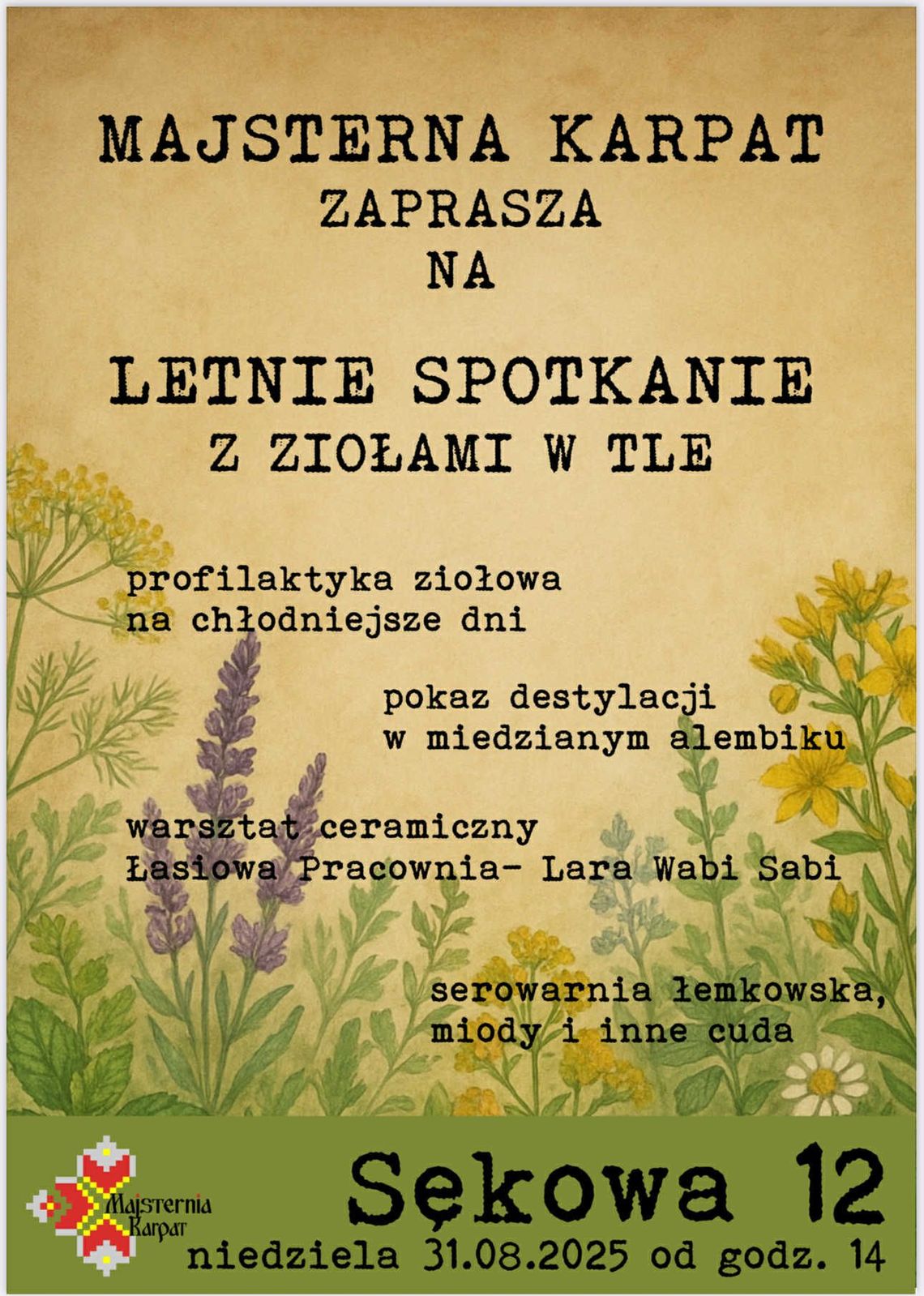Zdjęcie przedstawia plakat promujący wydarzenie Letnie spotkanie z ziołami w tle