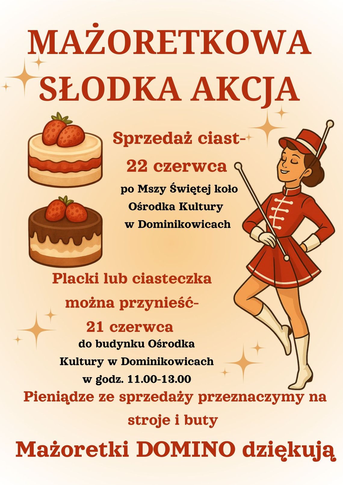 Plakat zapowiadający wydarzenie Mażoretkowa słodka akcja w Dominikowicach