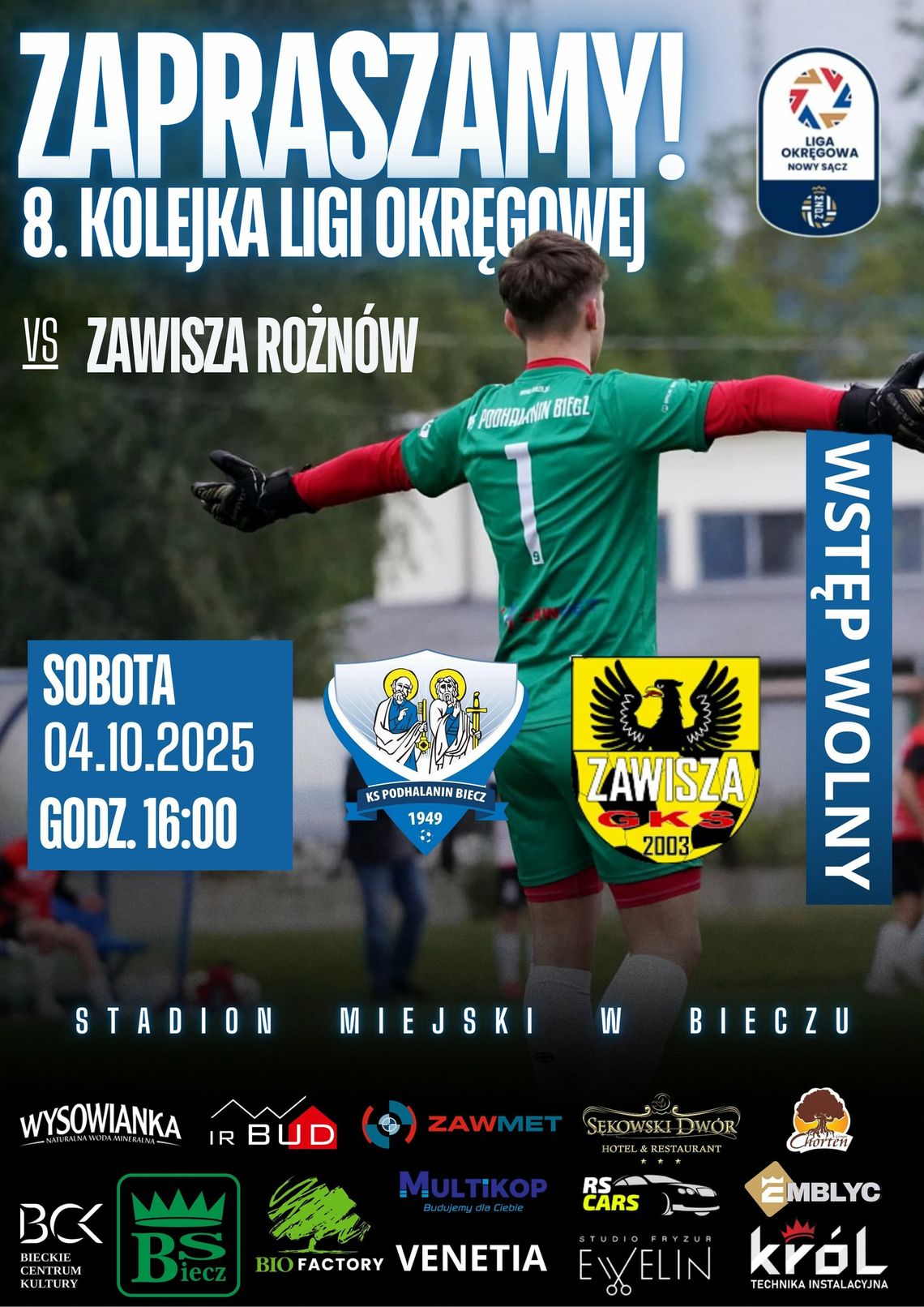plakat zapowiadający Mecz 8 kolejki ligi okręgowej GKS Zawisza vs KS Podhalanin Biecz