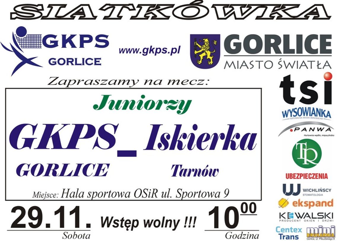 plakat zapowiadający mecz GKPS Gorlice – MUKS Iskierka Tarnów
