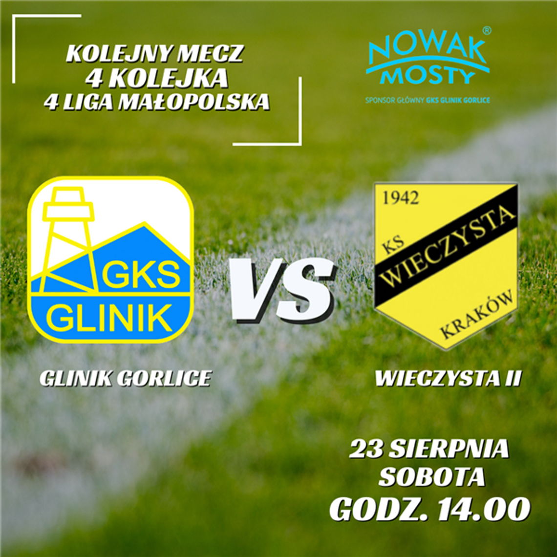 Zdjęcie przedstawia plakat promujący wydarzenie Mecz Glinik Gorlice – Kraków Wieczysta II