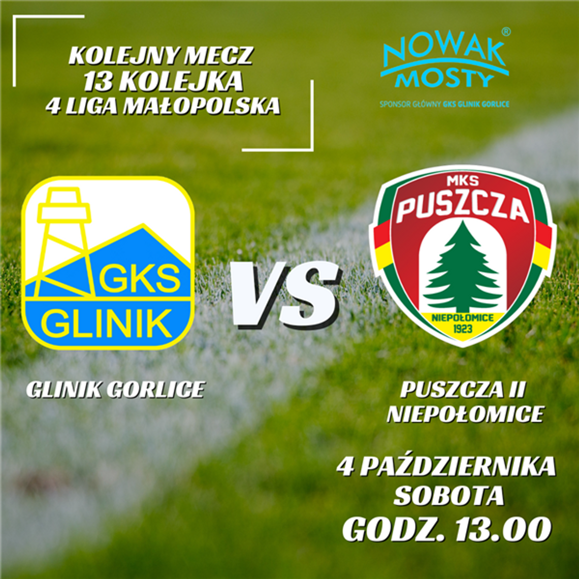 Zdjęcie przedstawia plakat promujący wydarzenie meczu Glinik Gorlice – Puszcza II Niepołomice