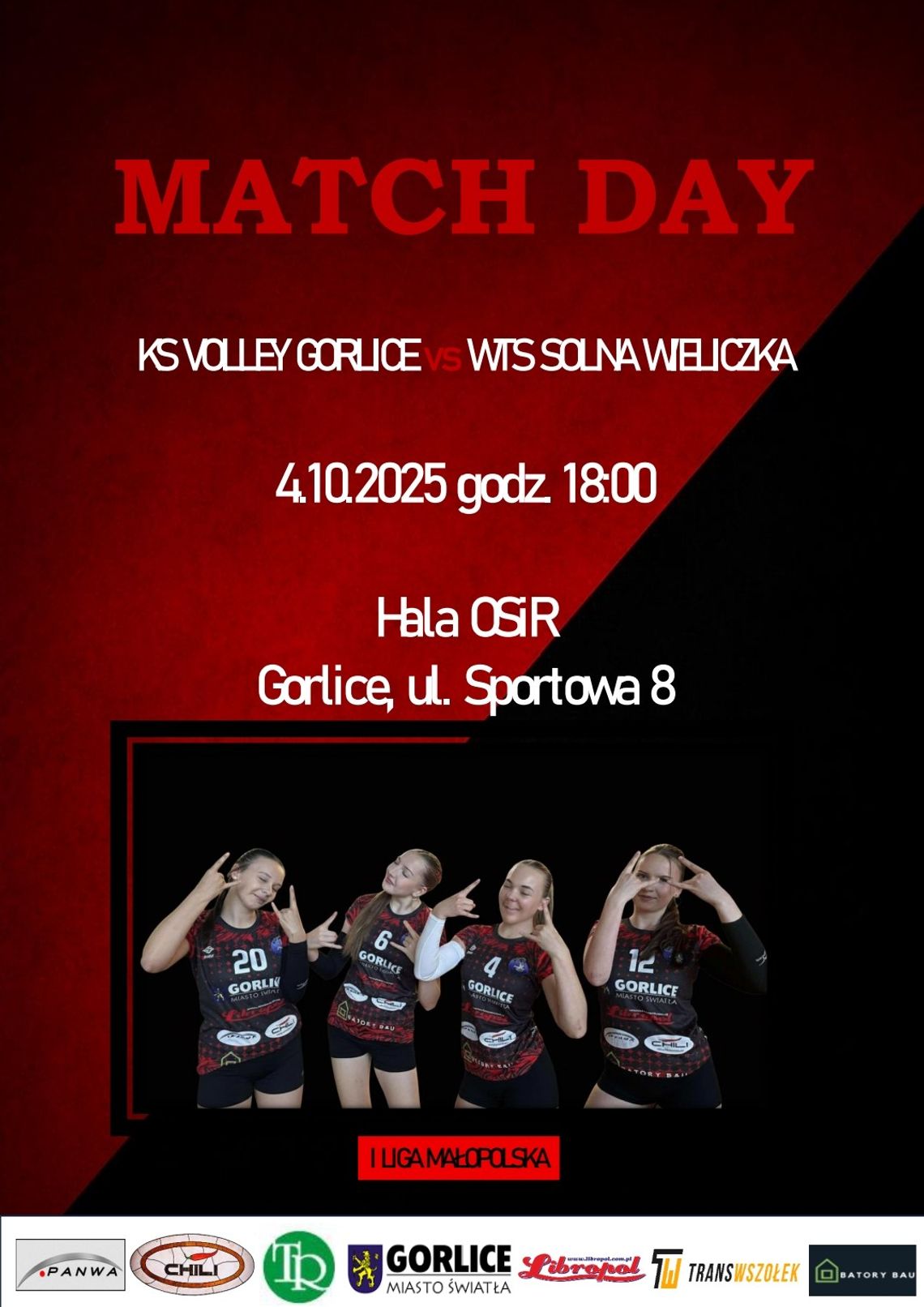 plakat zapowiadający Mecz siatkówki drużyn KS VOLLEY GORLICE VS WTS SOLNA WIELICZKA