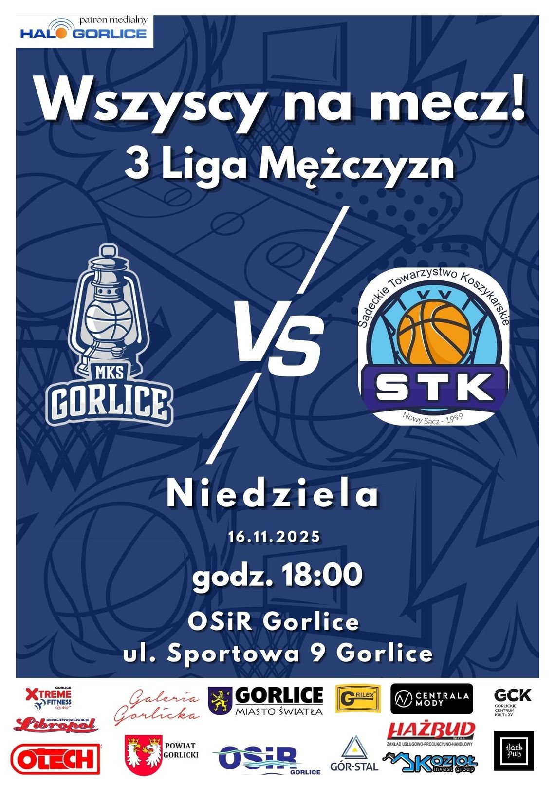 plakat zapowiadający mecz koszykówki MKS Gorlice – STK Nowy Sącz