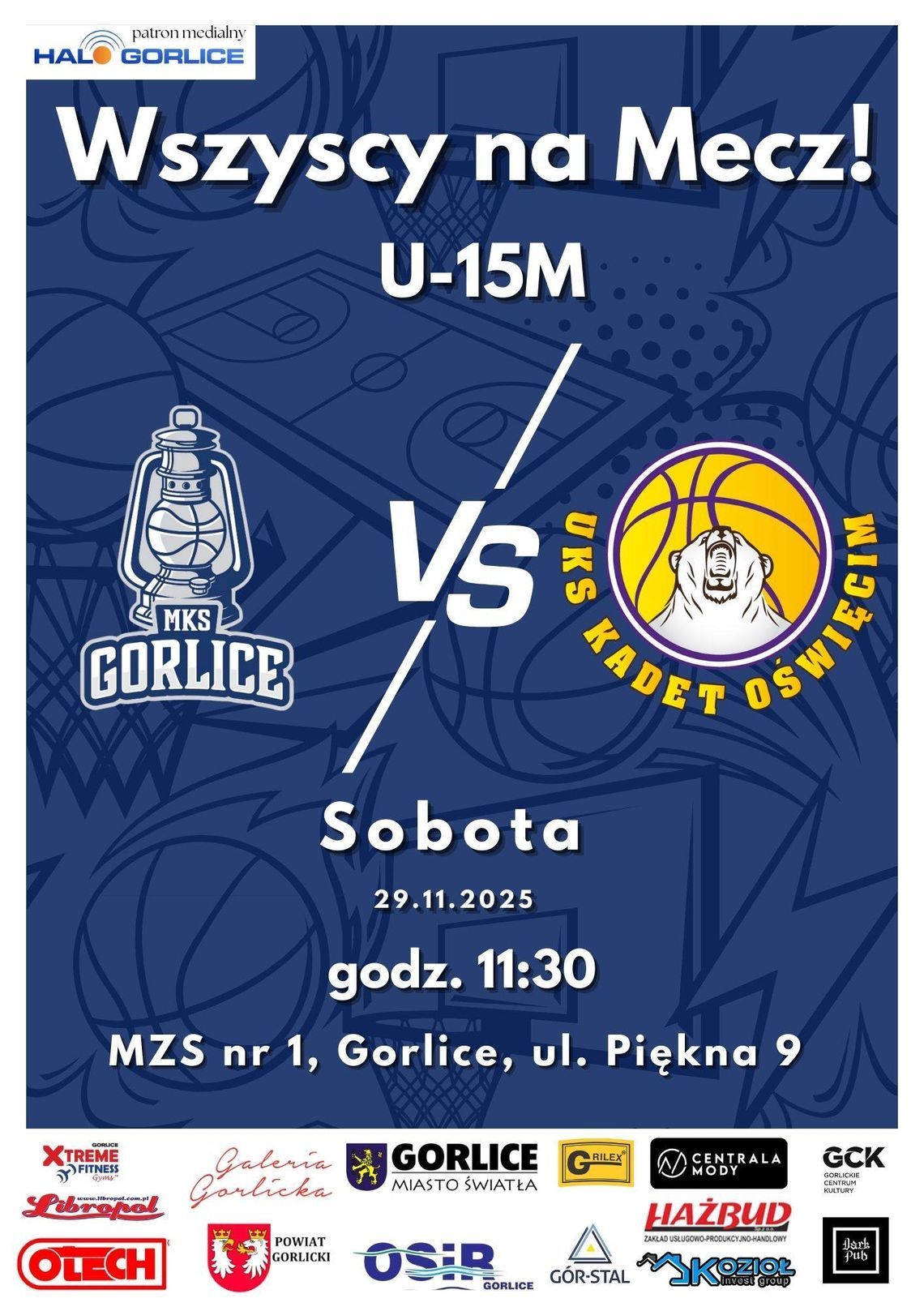 plakat zapowiadający mecz MKS Gorlice - UKS Kadet Oświęcim