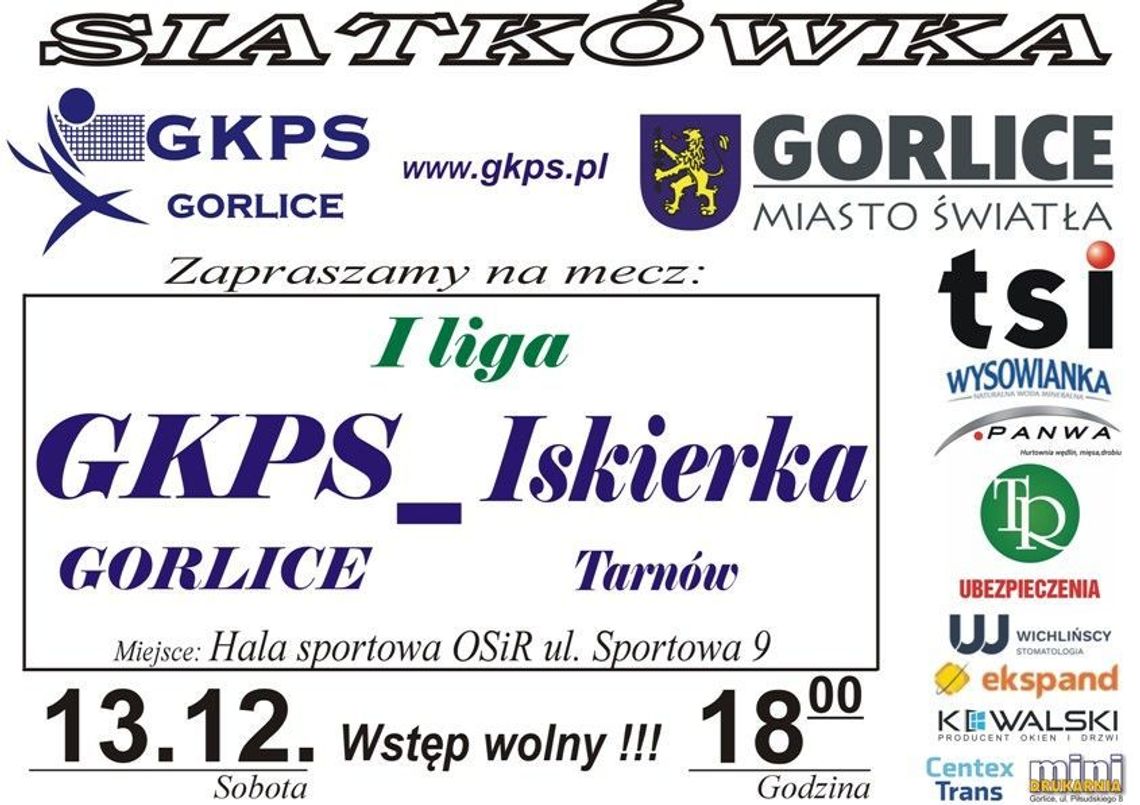 Plakat zapowiadający wydarzenie -  Mecz siatkówki GKPS Gorlice - Iskierką Tarnów