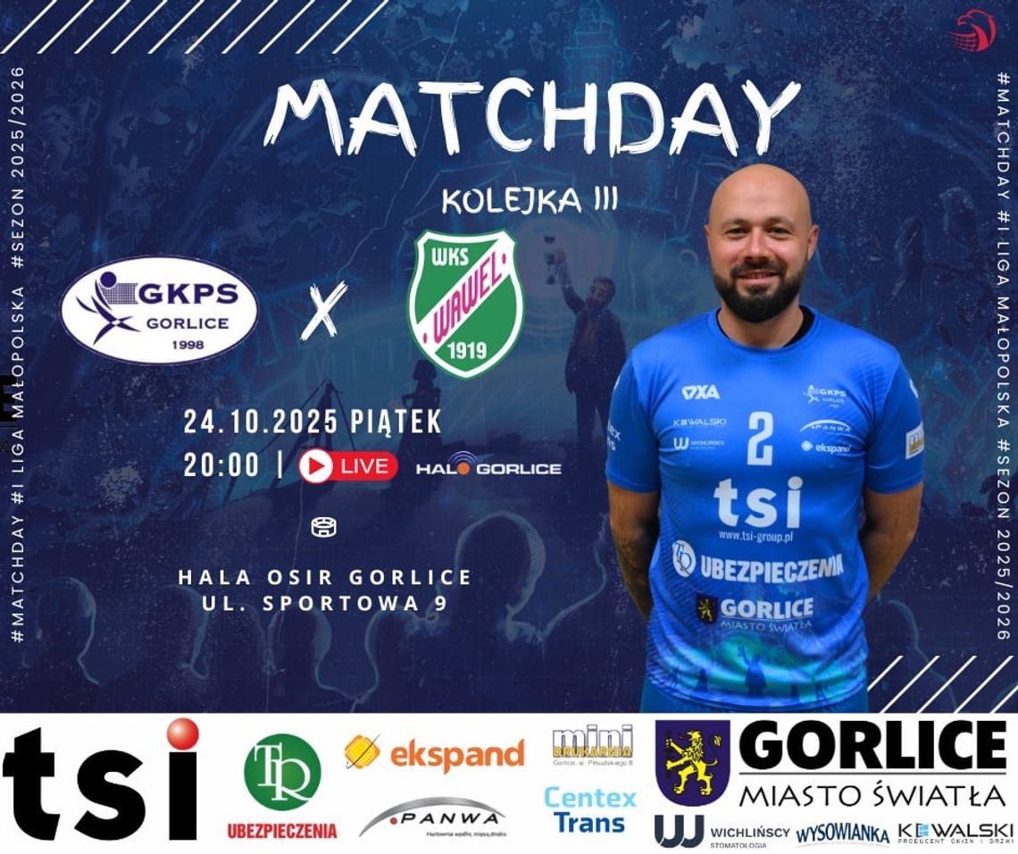 Zdjęcie przedstawia plakat promujący wydarzenie Mecz siatkówki GKPS Gorlice - WKS Wawel Kraków