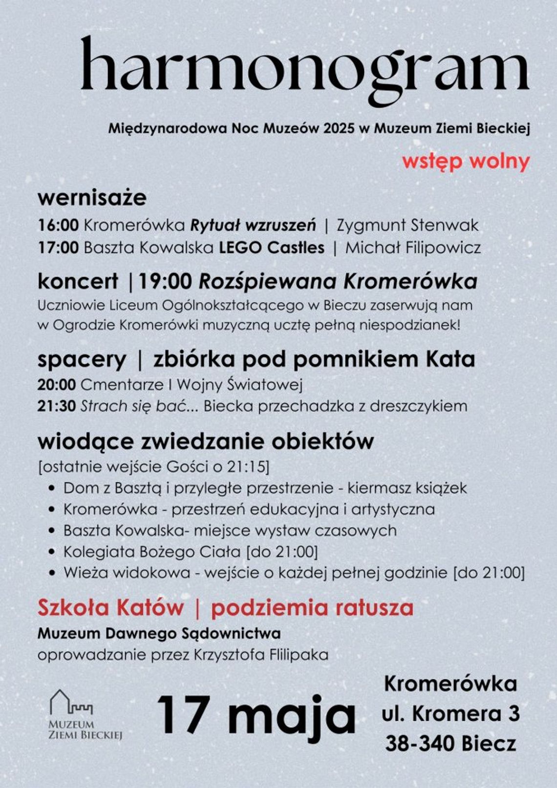 Plakat promujący Międzynarodową Noc Muzeów 2025 w Muzeum Ziemi Bieckiej