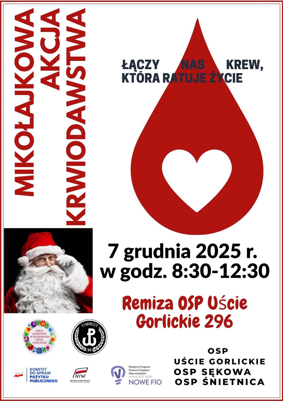 Plakat zapowiadający wydarzenie - Mikołajkowa akcja krwiodawstwa w Uściu Gorlickim