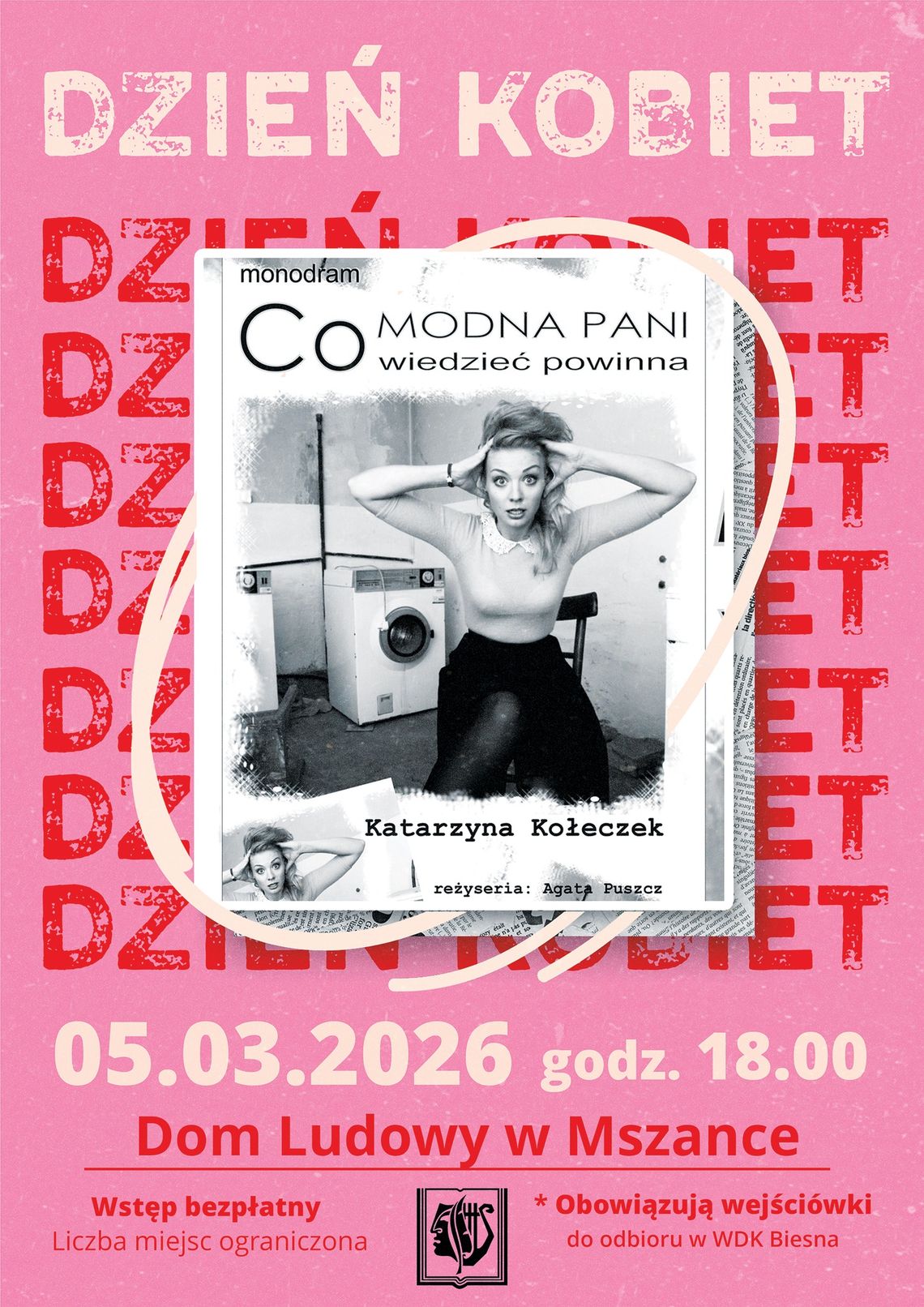 plakat zapowiadający wydarzenie - Monodram „Co modna pani wiedzieć powinna” w wykonaniu Katarzyna Kołeczek