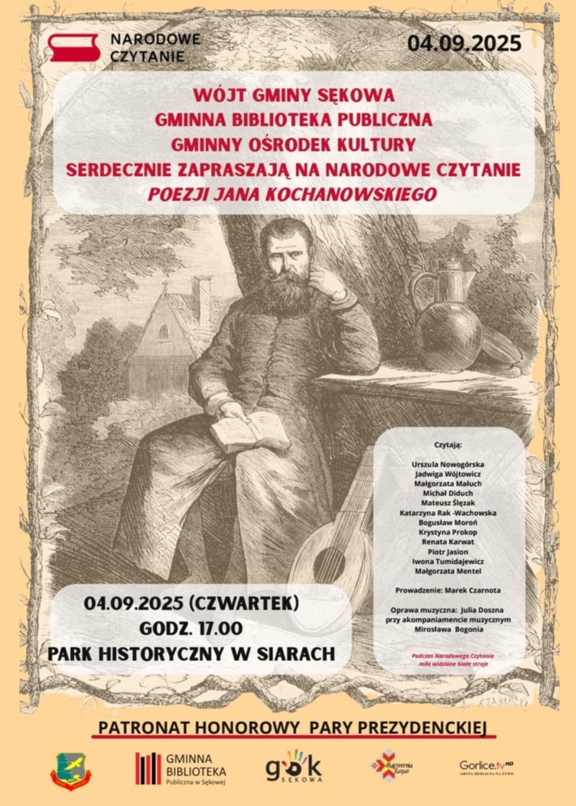 Zdjęcie przedstawia plakat promujący wydarzenie Narodowe Czytanie poezji Jana Kochanowskiego