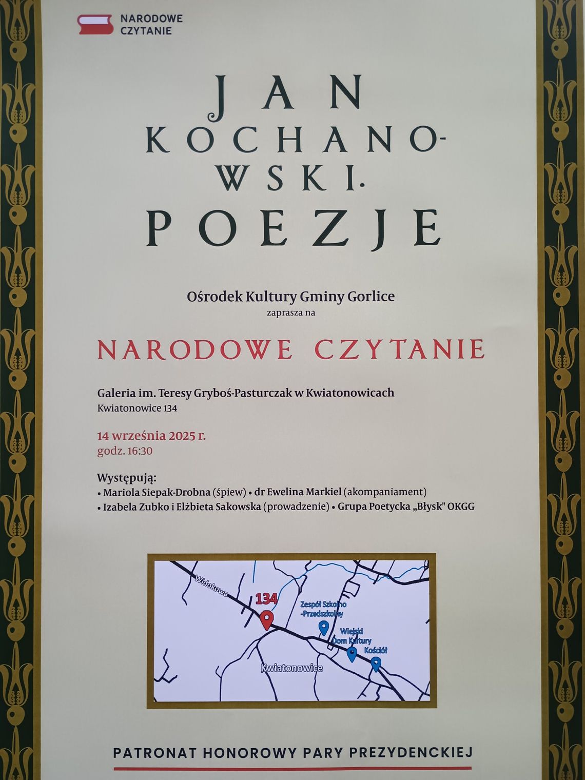 Zdjęcie przedstawia plakat promujący wydarzenie Narodowe Czytanie poezji Jana Kochanowskiego