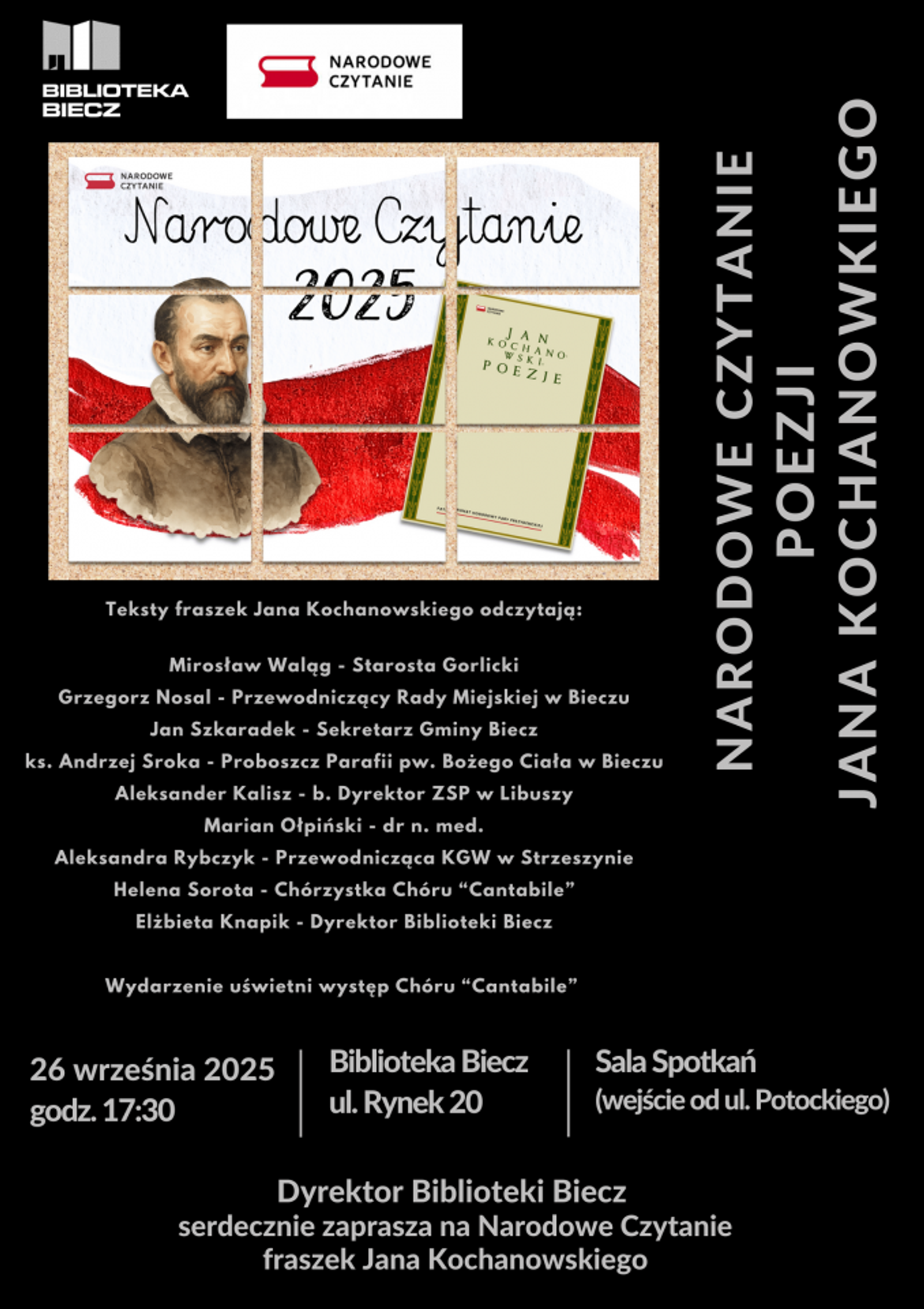 Zdjęcie przedstawia plakat promujący wydarzenie Narodowe Czytanie poezji Jana Kochanowskiego