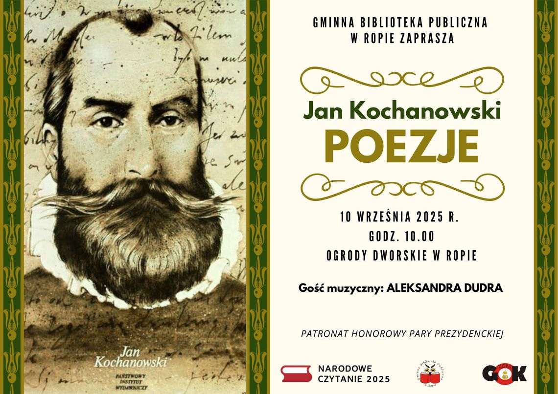 Narodowe Czytanie poezji Jana Kochanowskiego w Ropie | halogorlice.info Zdjęcie przedstawia plakat promujący wydarzenie Narodowe Czytanie poezji Jana Kochanowskiego w Ropie
