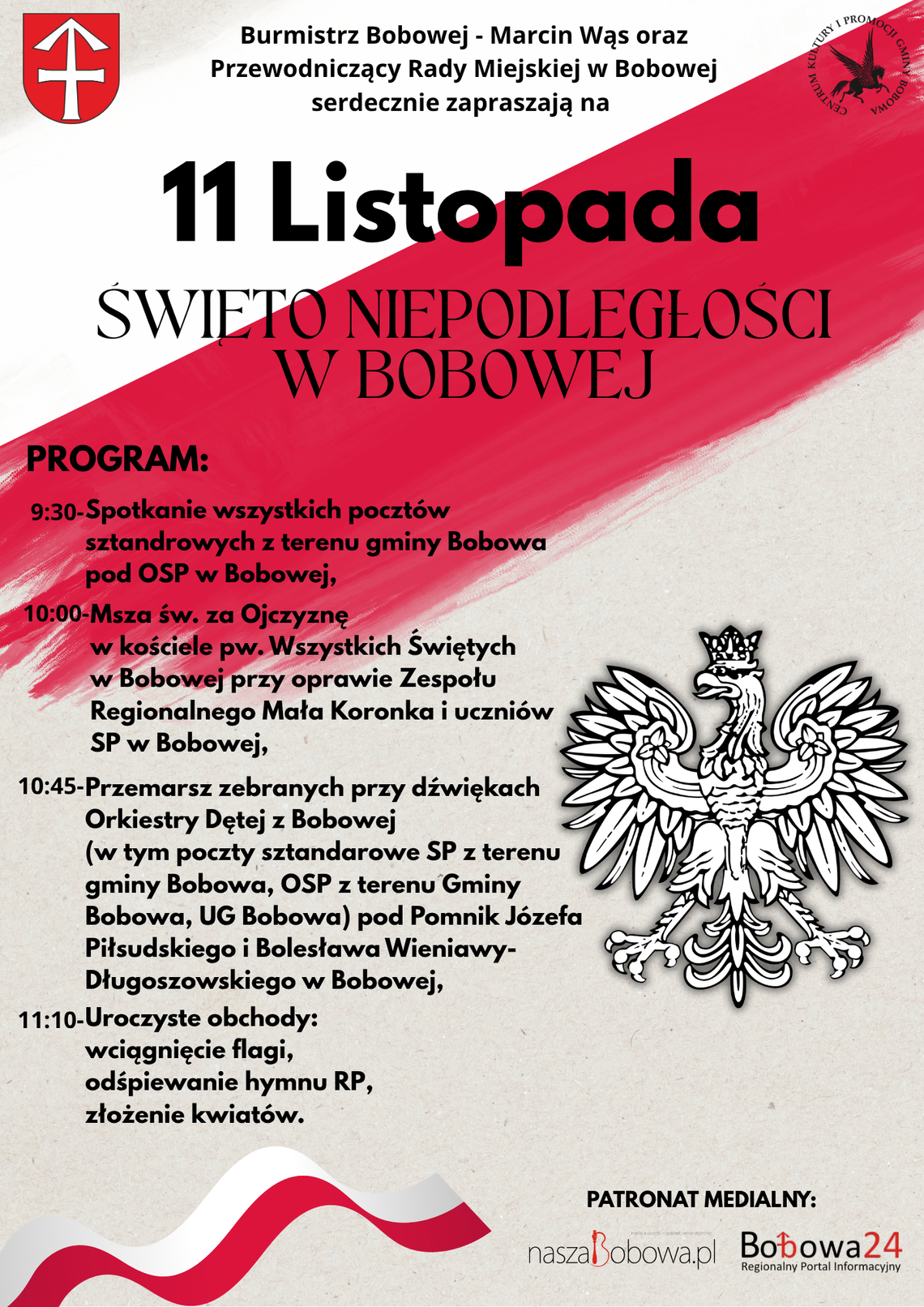 Plakat zapowiadający wydarzenie Narodowe Święto Niepodległości w Bobowej