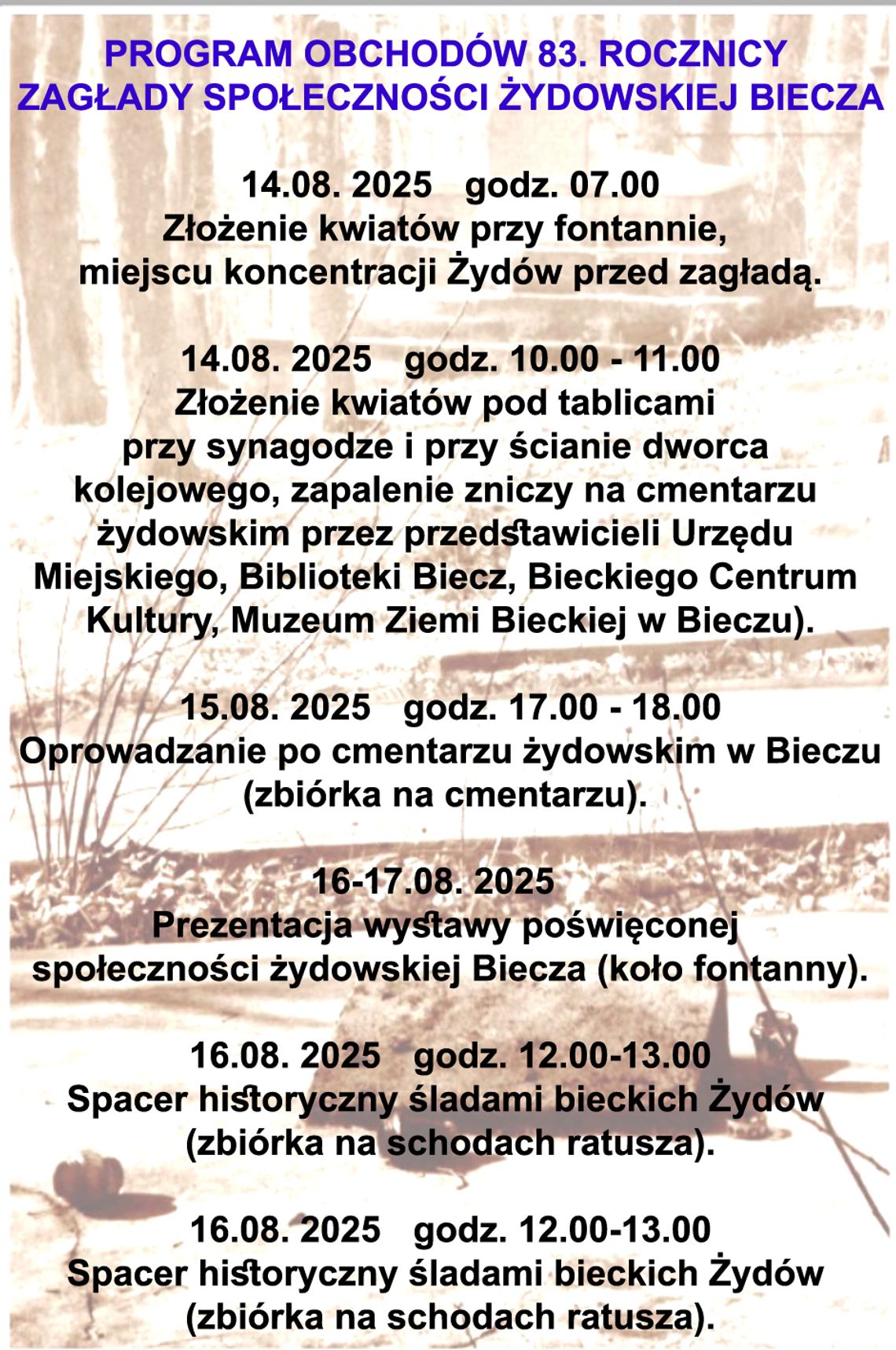 Zdjęcie przedstawia plakat promujący wydarzenie Obchody 83. rocznicy zagłady żydowskiej społeczności Biecza