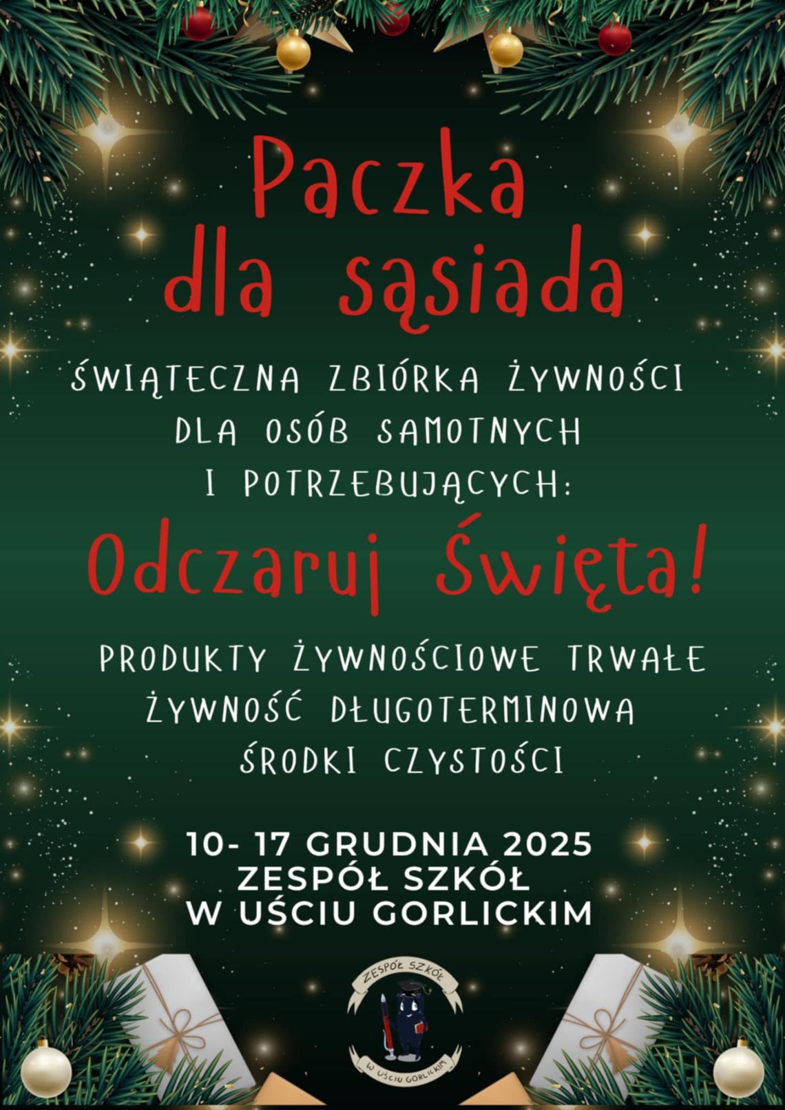 Zdjęcie przedstawia plakat promujący wydarzenie Paczka dla sąsiada w Uściu Gorlickim