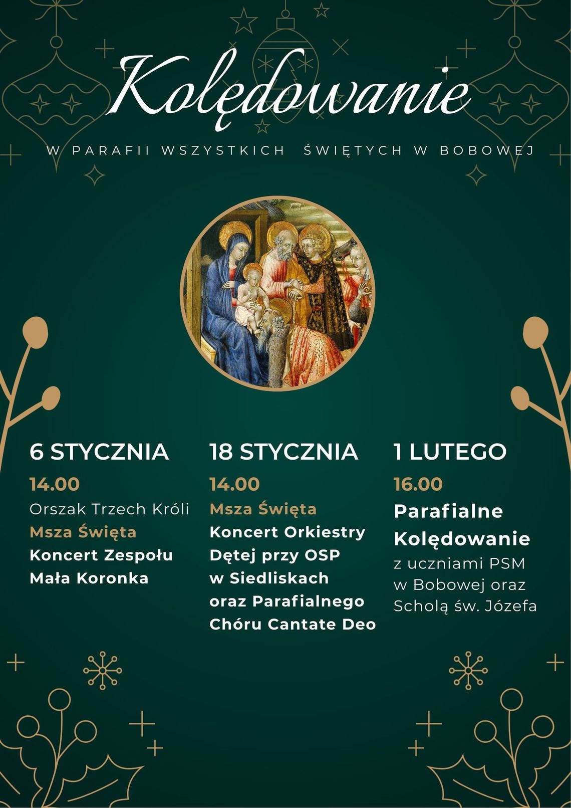 Plakat zapowiadający wydarzenie - Parafialne Kolędowanie w Bobowej – 1 lutego
