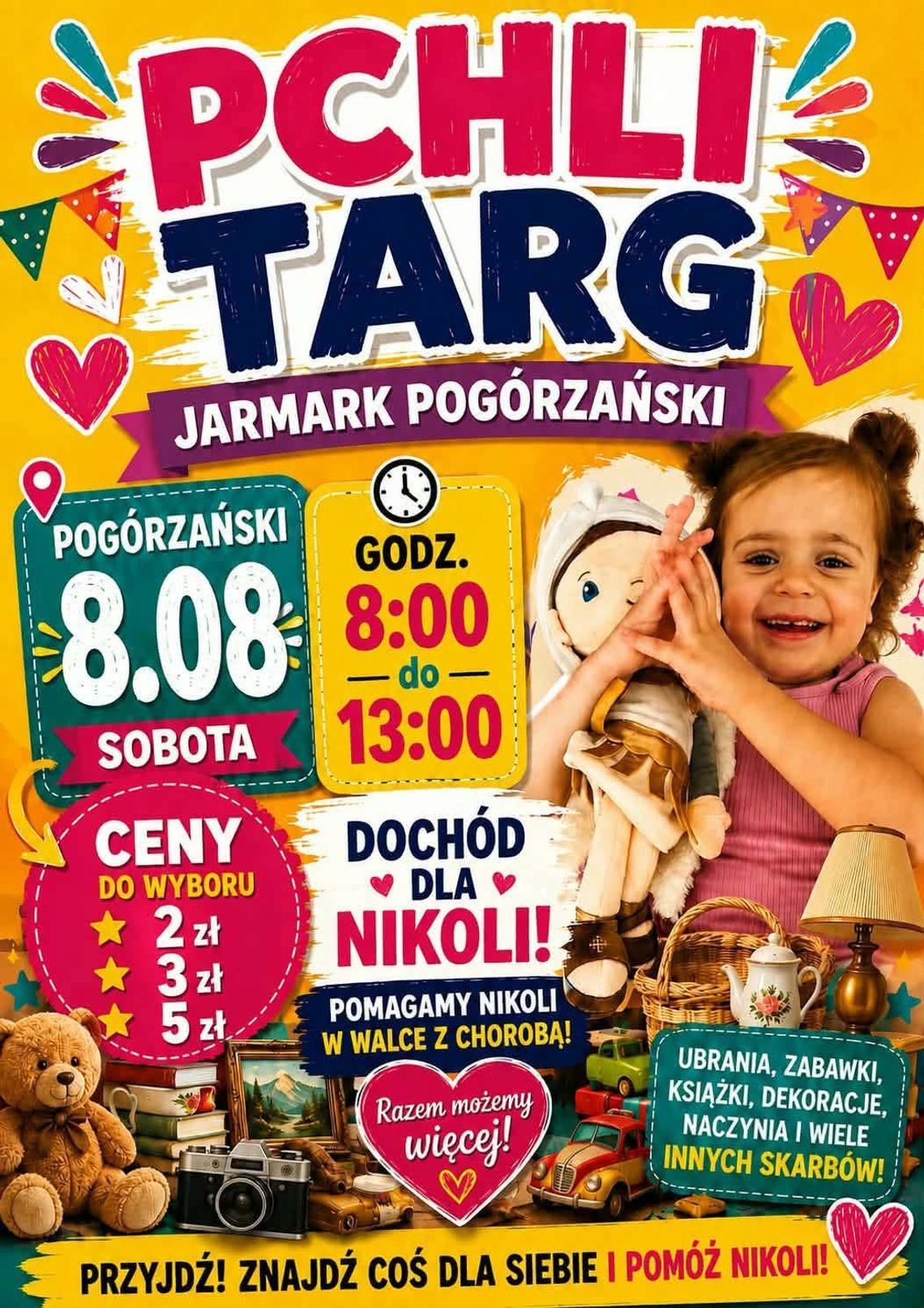 Pchli targ dla Nikoli. Charytatywna akcja na Jarmarku Pogórzańskim plakat z zapowiedzią pchli targu