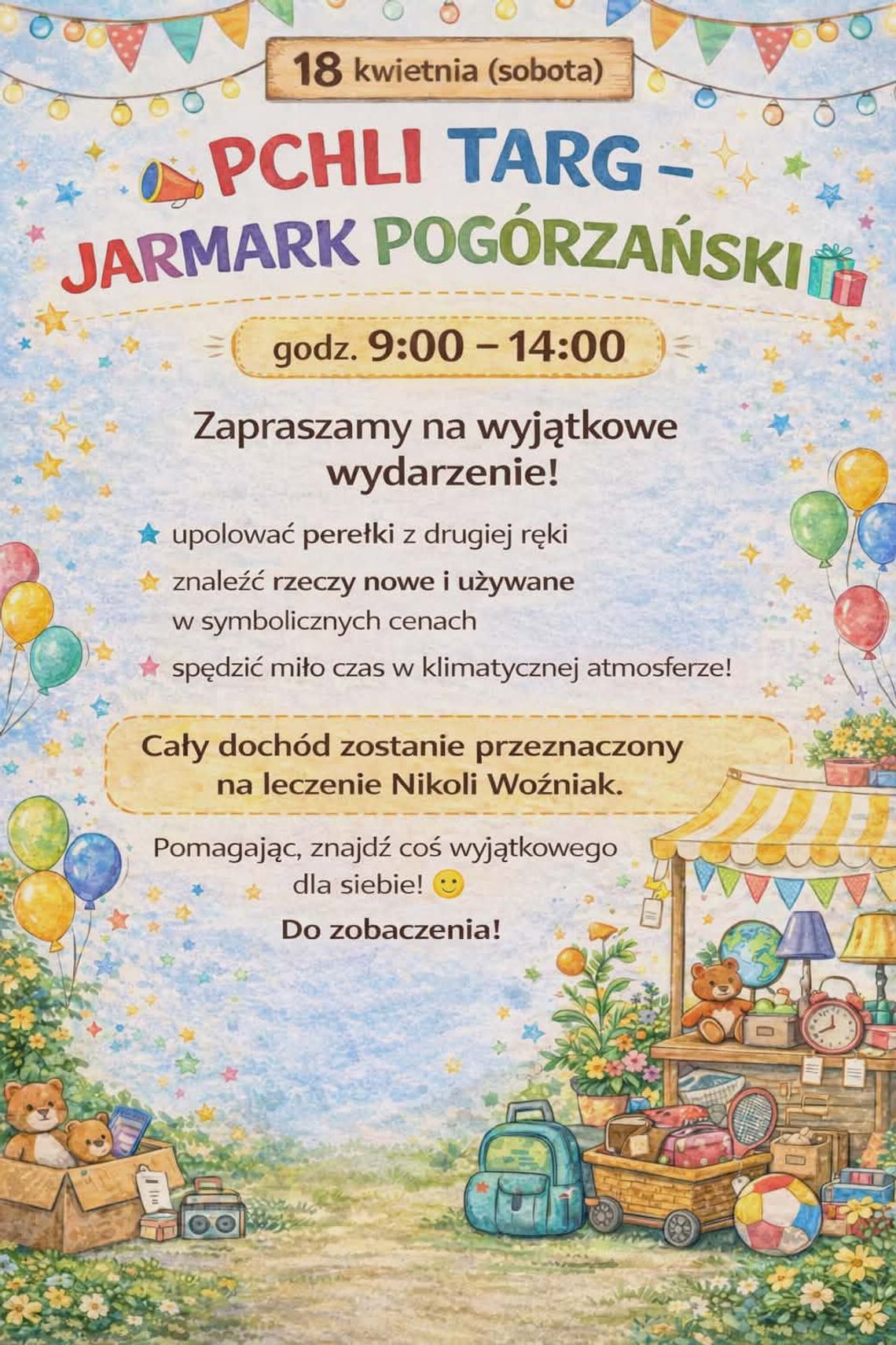 zdjęcie przedstawia plakat promujacy wydarzenie - Pchli Targ – Jarmark Pogórzański