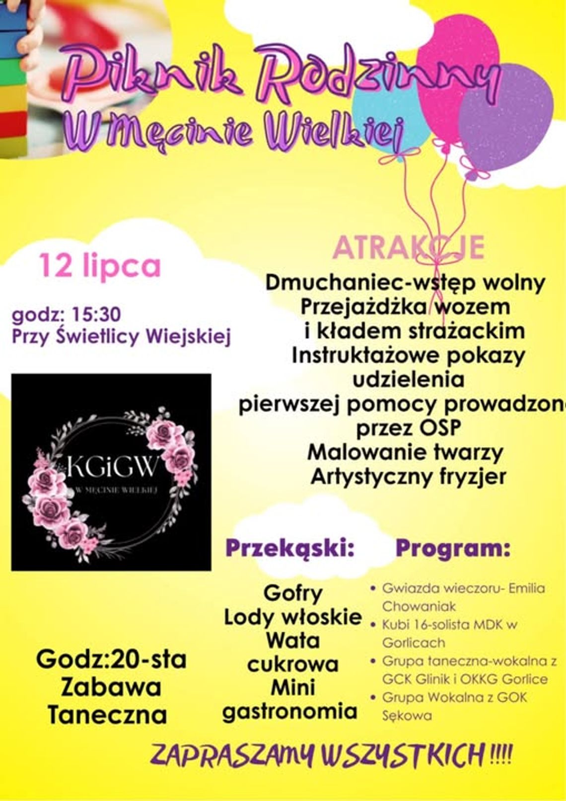 Plakat zapowiadający Piknik Rodzinny w Męcinie Wielkiej