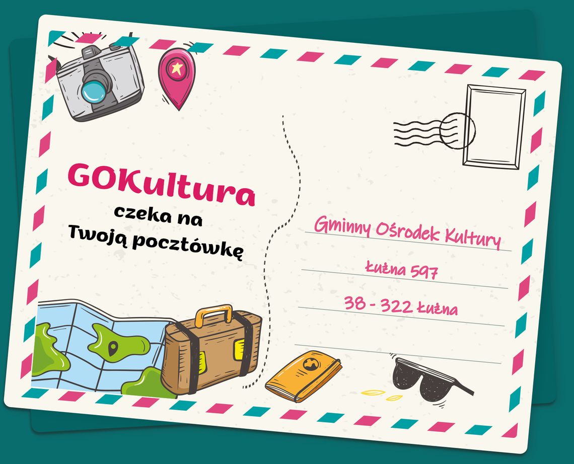 Pocztówka w moich wakacji – mała kartka, wielkie wspomnienia | halogorlice.pl Plakat promujący zabawę Pocztówka w moich wakacji