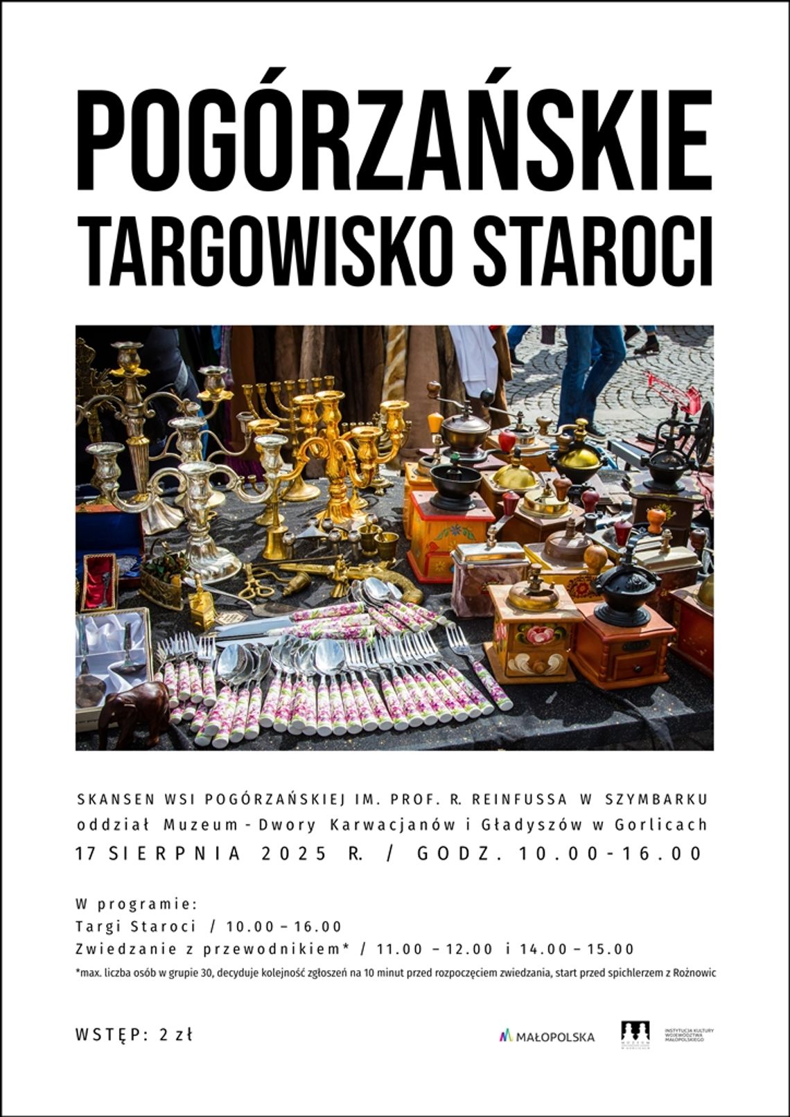 Zdjęcie przedstawia plakat promujący Pogórzańskie targowisko staroci w Szymbarku