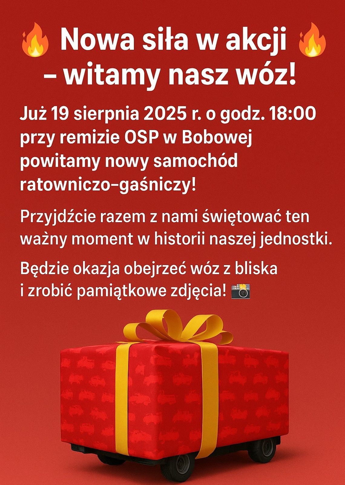 Zdjęcie przedstawia plakat promujący Powitanie nowego wozu w OSP Bobowa