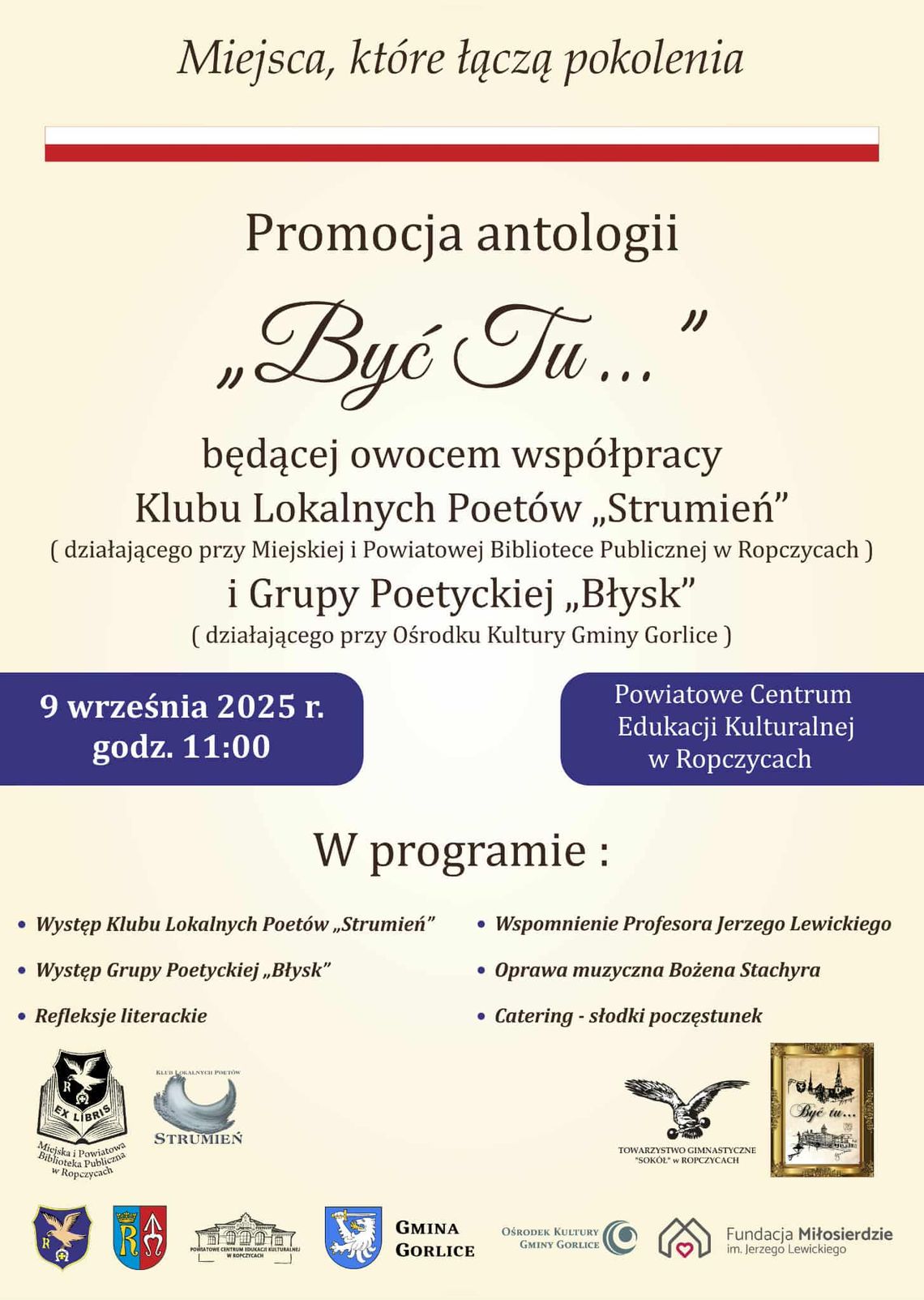 Zdjęcie przedstawia plakat promujący wydarzenie Promocja antologii "Być tu..."