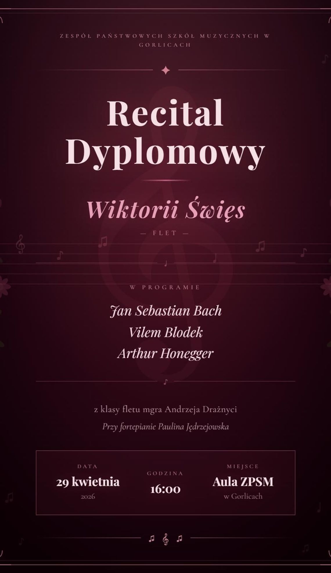 zdjęcie przedstawia plakat promujacy wydarzenie -recital dyplomowy w ZPSM