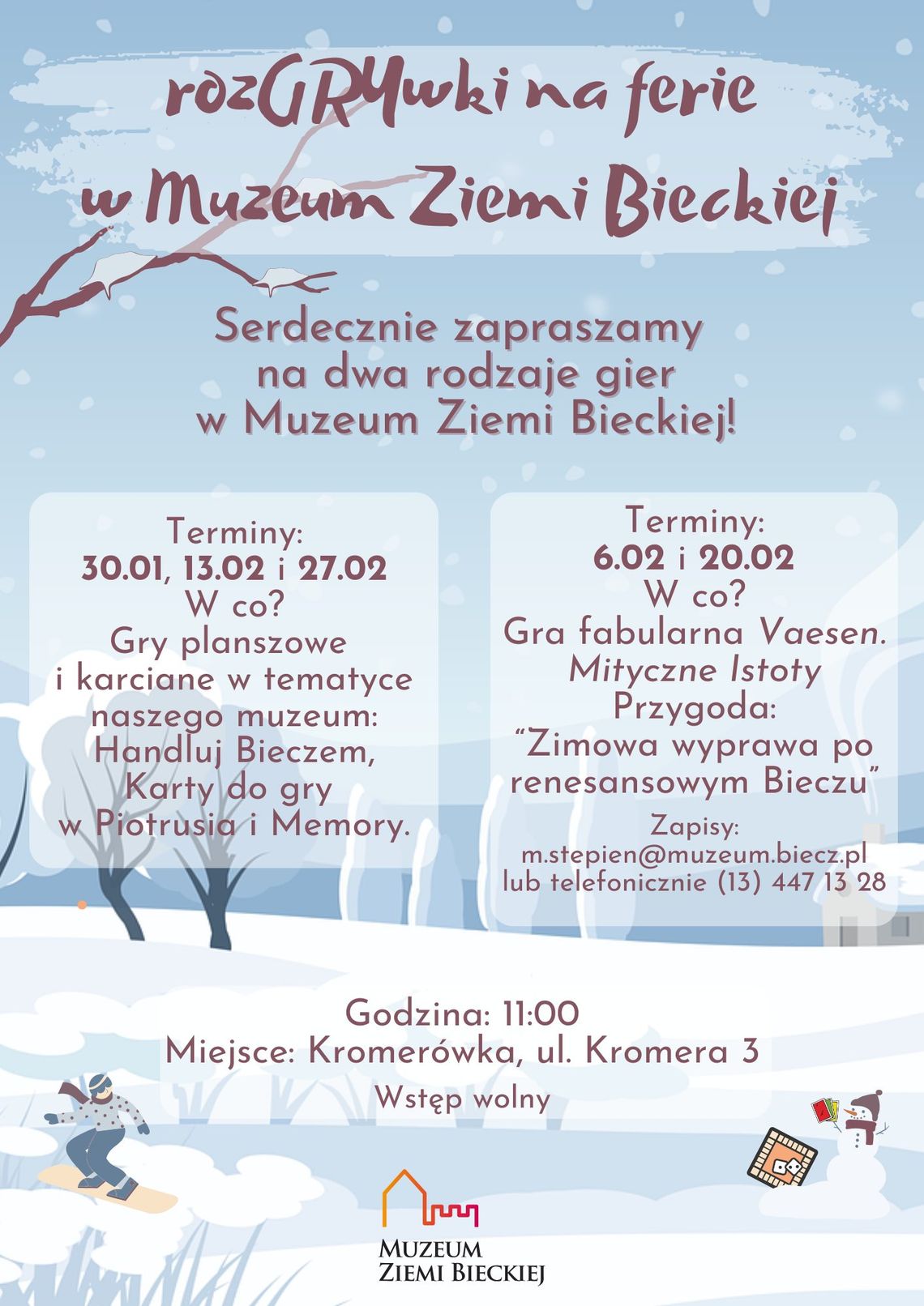 Plakat zapowiadający wydarzenie - RodzGRYwki na ferie w Muzeum Ziemi Bieckiej