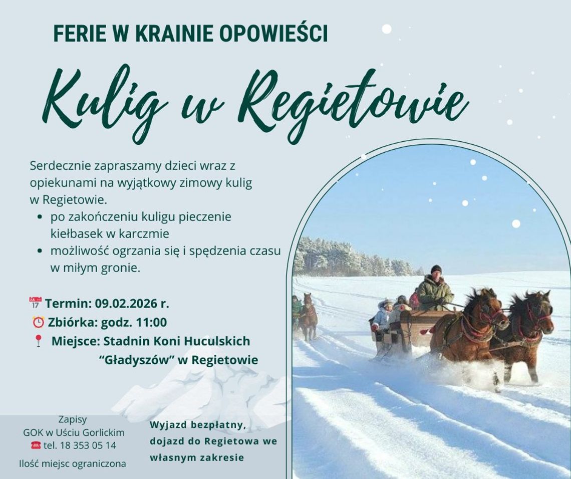 Plakat zapowiadający wydarzenie -  Rodzinne ferie na kuligu