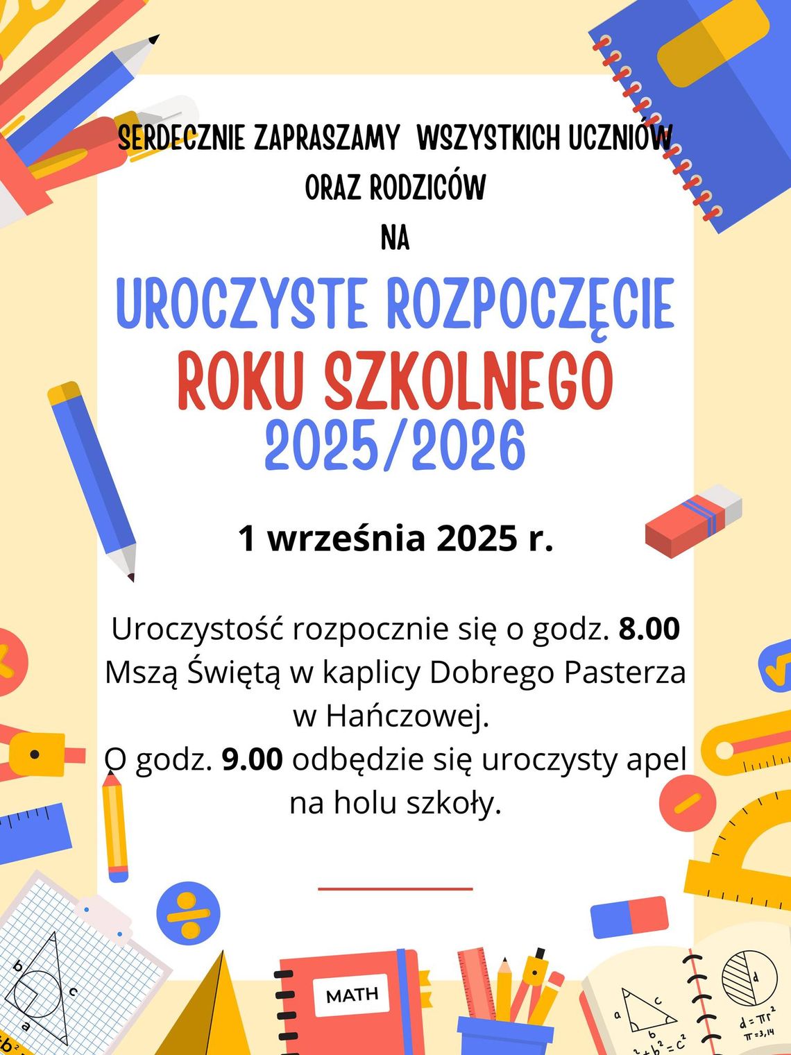 Zdjęcie przedstawia plakat promujący wydarzenie Rozpoczęcie roku szkolnego 2025/26 w ZSCKR w Hańczowej