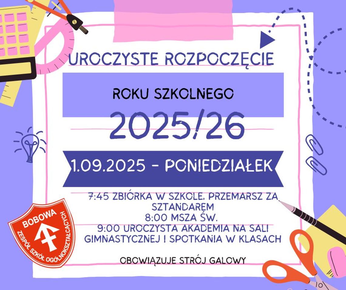 Rozpoczęcie roku szkolnego 2025/26 w ZSO w Bobowej | halogorlice.info Zdjęcie przedstawia plakat promujący wydarzenie Rozpoczęcie roku szkolnego 2025/26 w ZSO w Bobowej