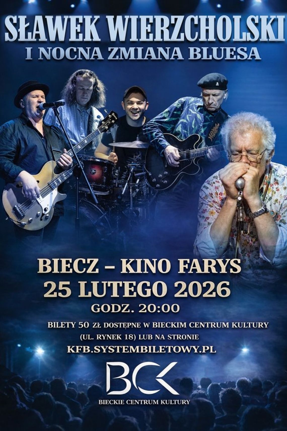 Plakat zapowiadający wydarzenie - Sławek Wierzcholski i Nocna Zmiana Bluesa w Bieczu