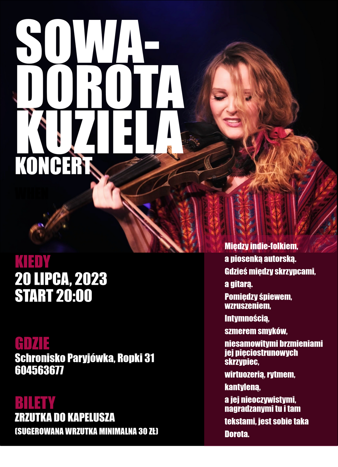 Sowa - Dorota Kuziela, zaczaruje muzyką w Schronisku Paryjówka | halogorlice.info