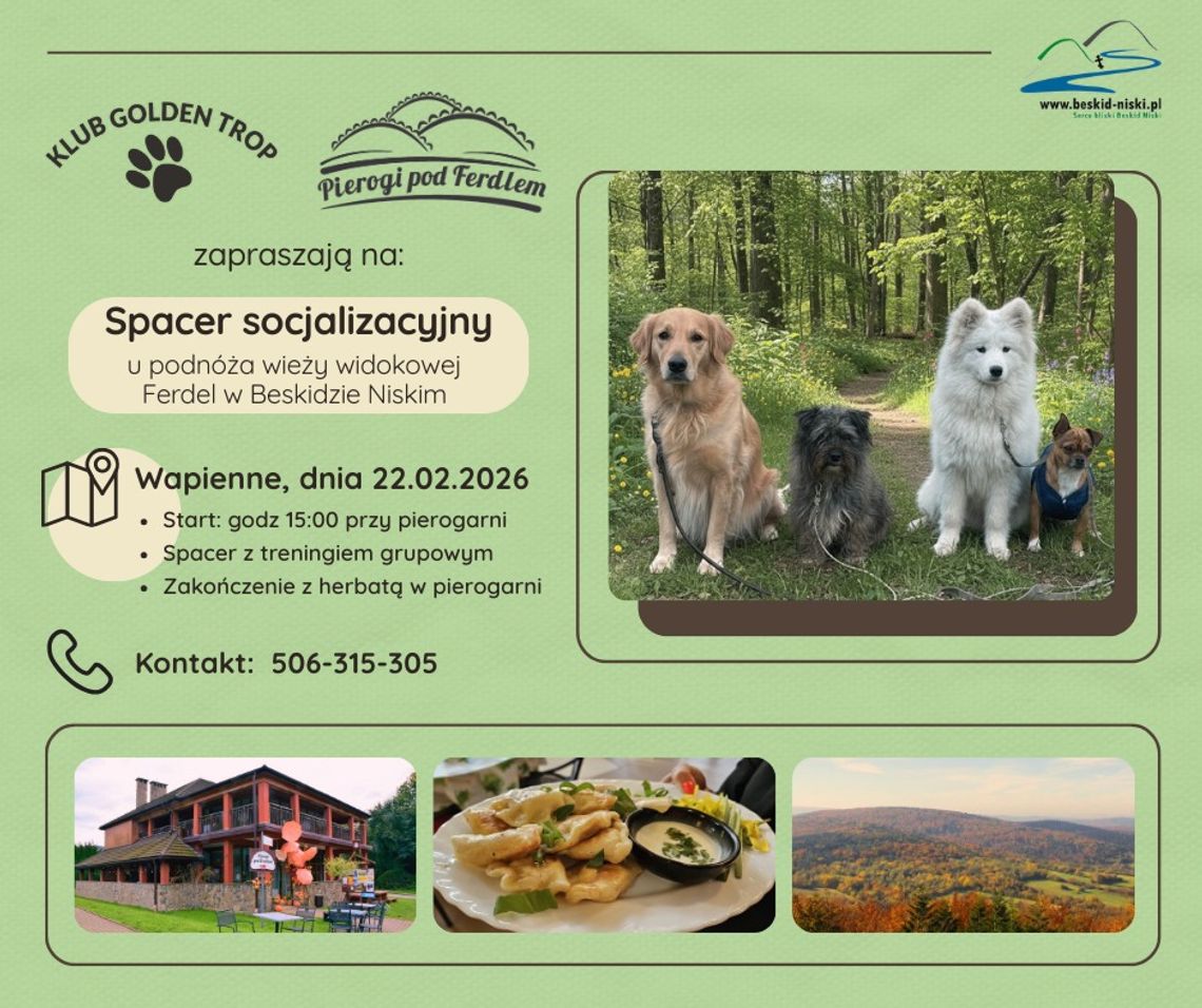 plakat zapowiadający wydarzenie - Spacer Socjalizacyjny u podnóża wierzy widokowej