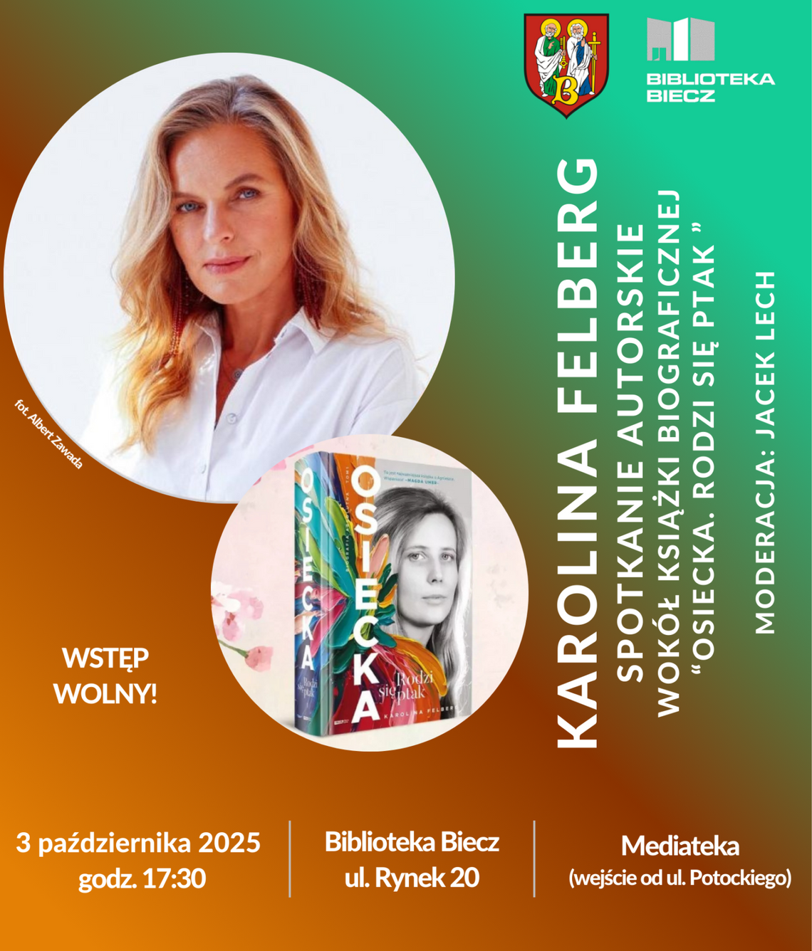 Spotkanie autorskie z Karoliną Felberg | halogorlice.info Zdjęcie przedstawia plakat promujący wydarzenie Spotkanie autorskie w Bibliotece Biecz