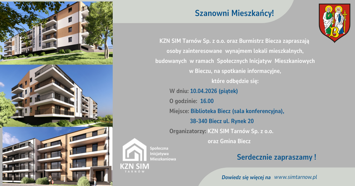 zdjęcie przedstawia plakat promujacy wydarzenie - Spotkanie informacyjne SIM Biecz - wynajem mieszkań