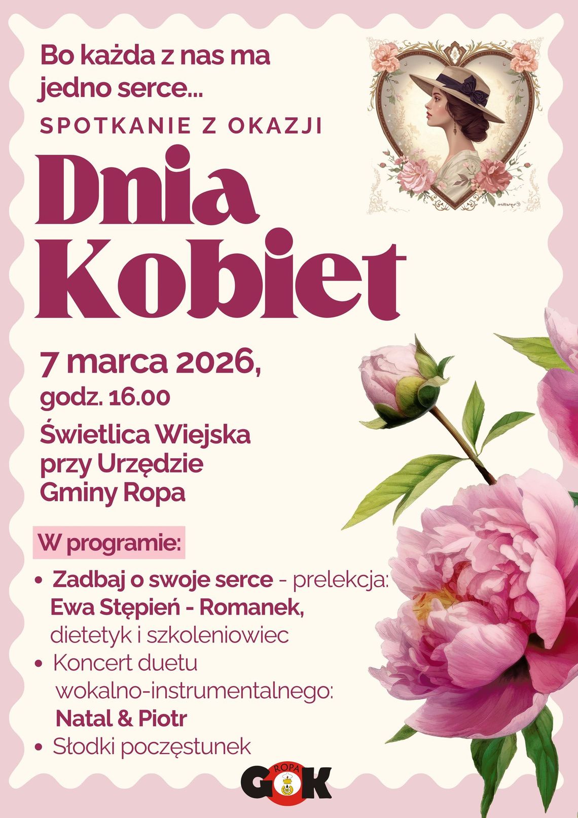Spotkanie z okazji Dnia Kobiet w Ropie | zapowiedzi wydarzeń - halogorlice.info plakat zapowiadający wydarzenie - Spotkanie z okazji Dnia Kobiet w gminie Ropa