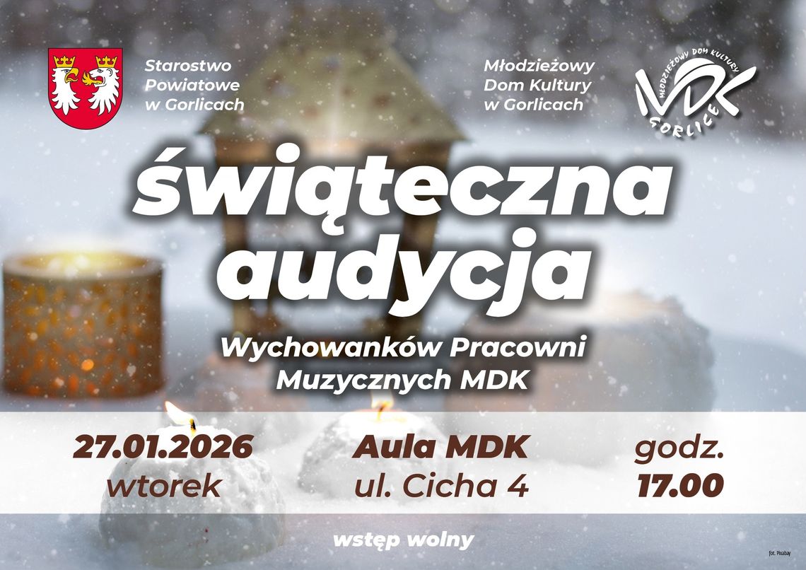 Plakat zapowiadający wydarzenie - Świąteczna audycja w wykonaniu wychowanków Pracowni Muzycznych