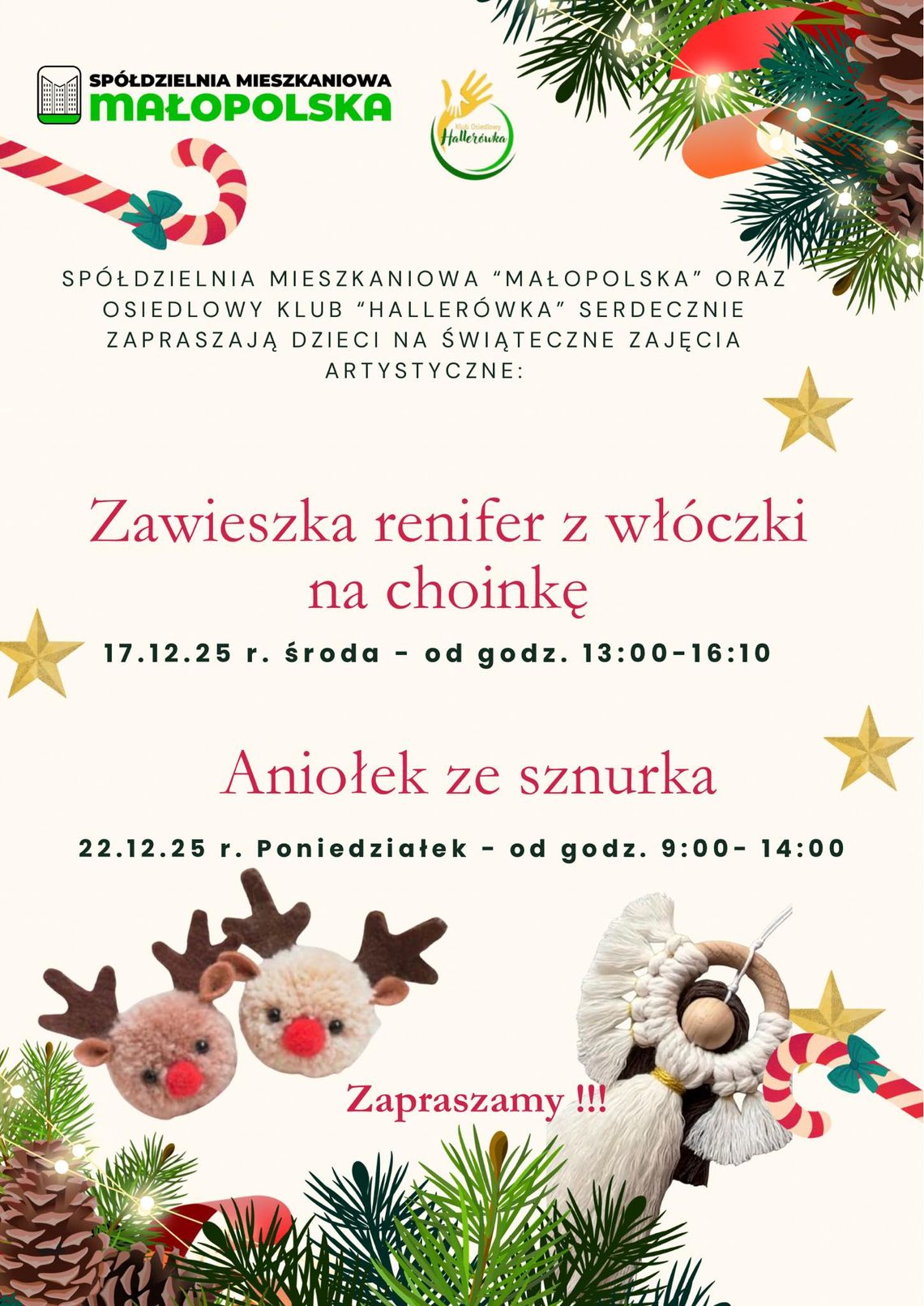 Plakat zapowiadający wydarzenie - Świąteczne zajęcia artystyczne dla dzieci